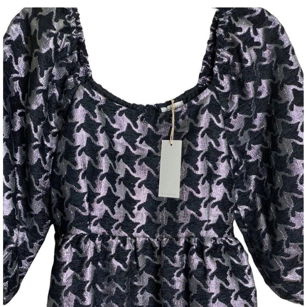 NEW Anthropologie Balloon Sleeves Dress XSMALL DAMASK houndstooth Silver Black - Picture 6 of 10